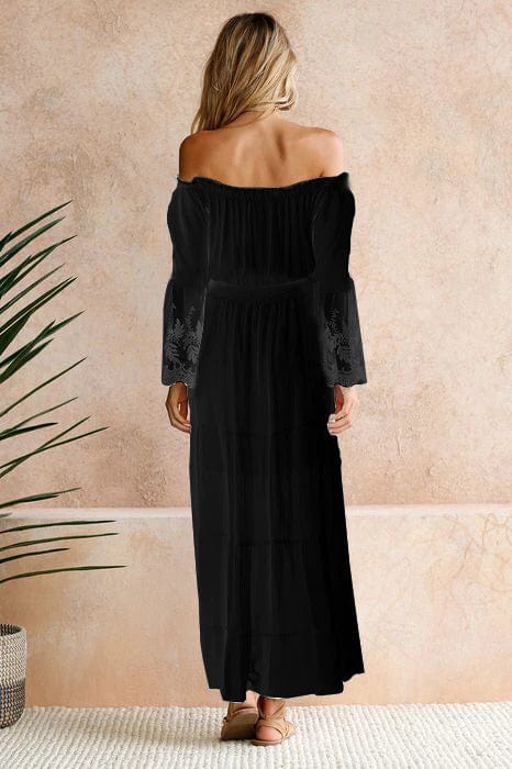 Off Shoulder Lace Bell Sleeve Tiered Maxi Dress 9