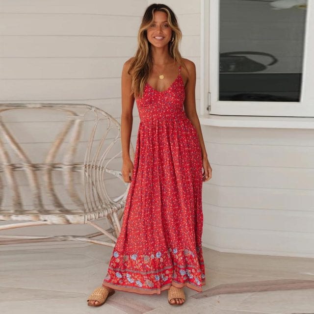 Floral V-Neck Spaghetti Strap Maxi Dress Summer