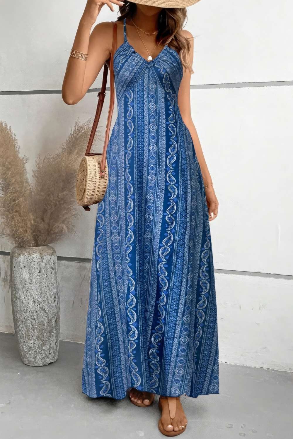 Paisley V-Neck Spaghetti Strap High Split Maxi Dress 2