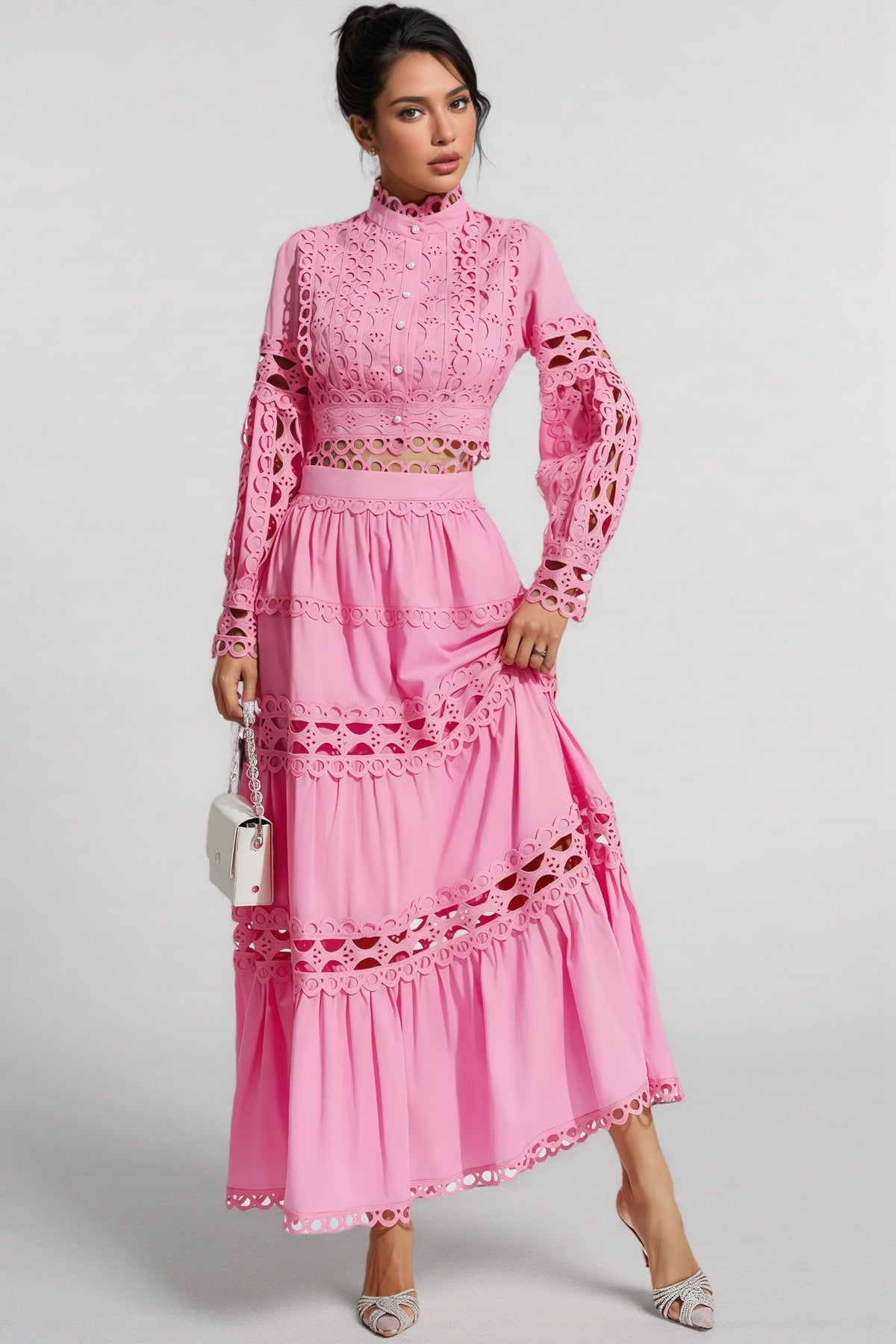 Mock Neck Lantern Sleeve Cut Out Lace Top and Tiered Maxi Skirt Two Piece Set 6