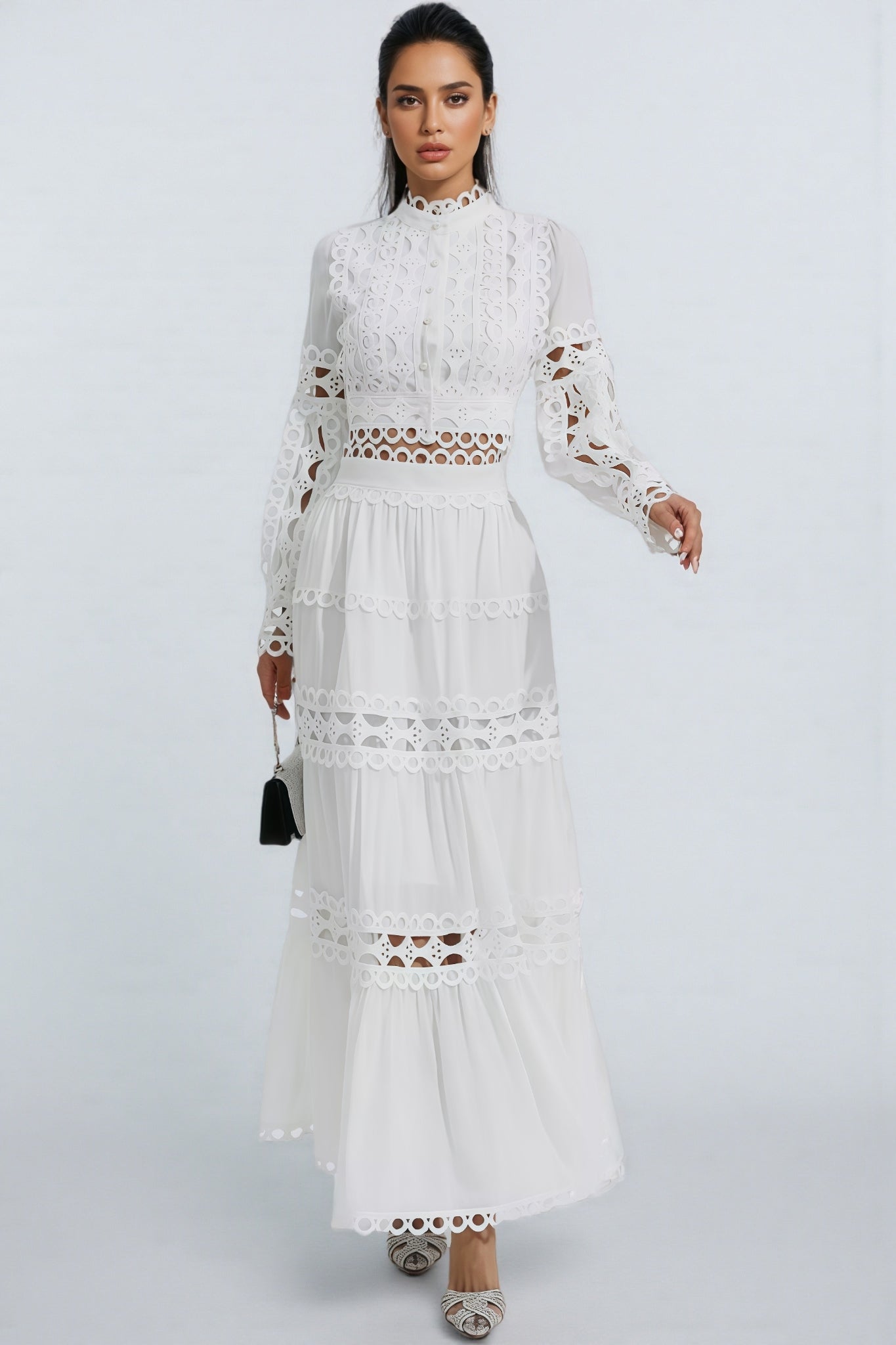 Alerolt White Lace Hollow Maxi Dress Set - View 5