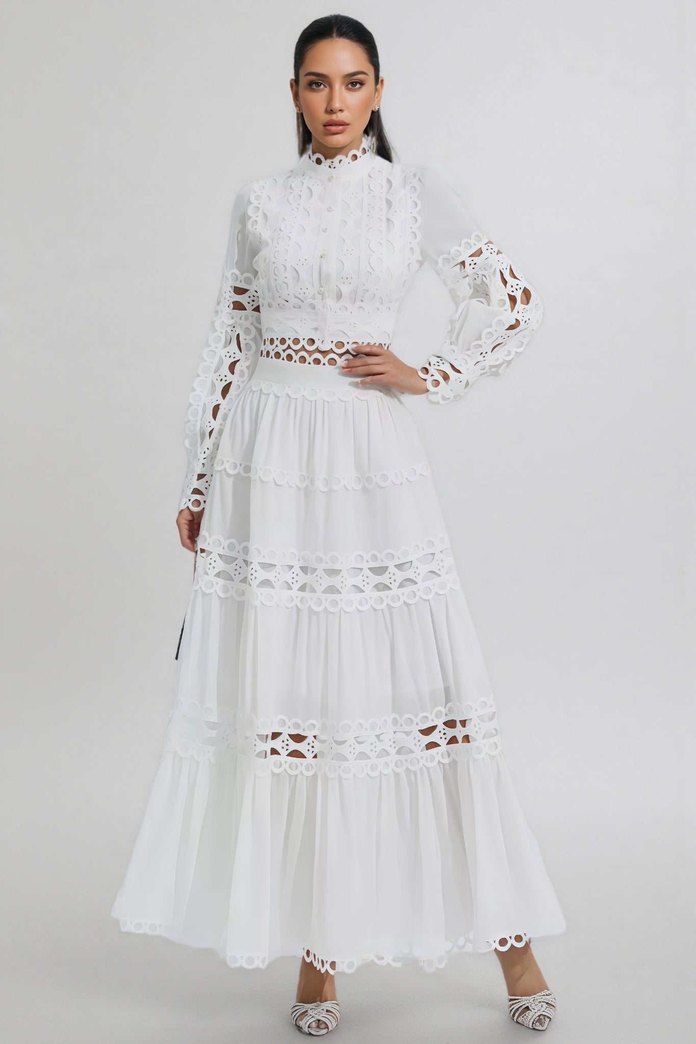 Alerolt White Lace Hollow Maxi Dress Set - View 2