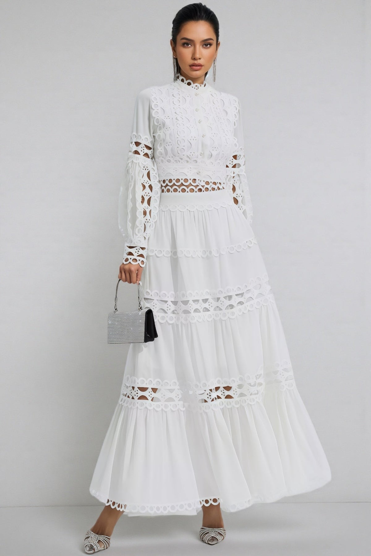 Mock Neck Lantern Sleeve Cut Out Lace Top and Tiered Maxi Skirt Two Piece Set