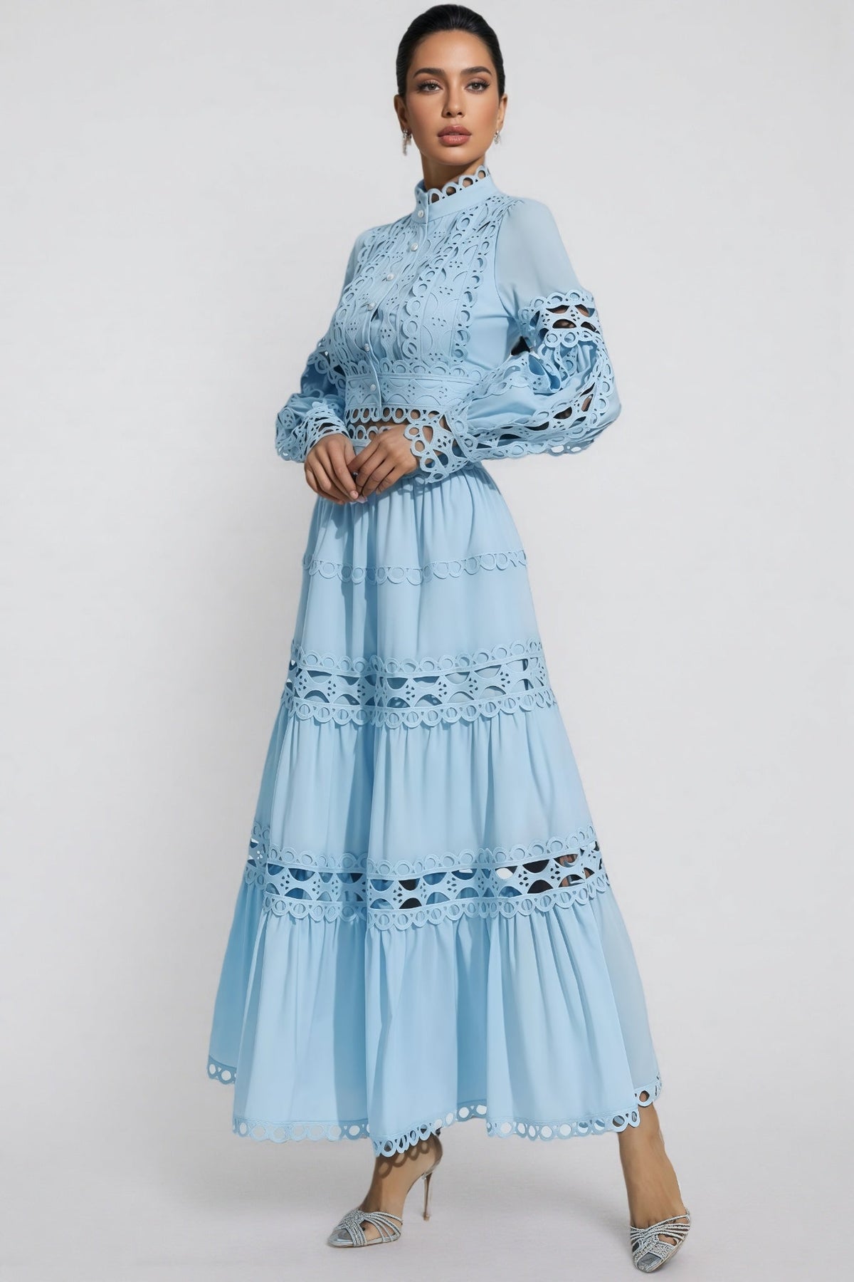 Mock Neck Lantern Sleeve Cut Out Lace Top and Tiered Maxi Skirt Two Piece Set 4
