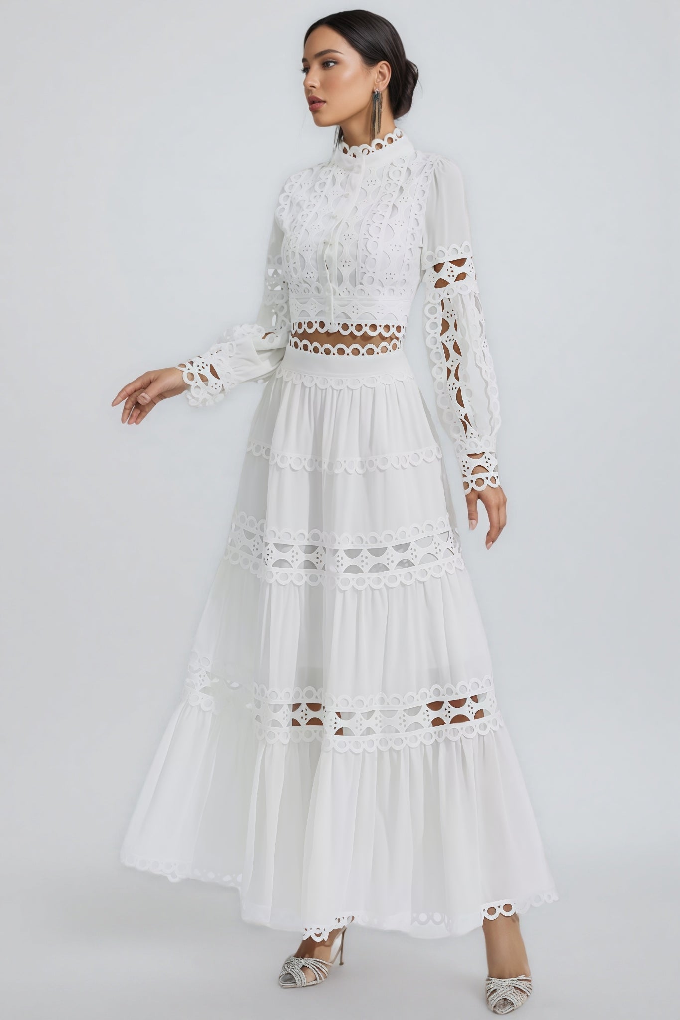Alerolt White Lace Hollow Maxi Dress Set - View 3