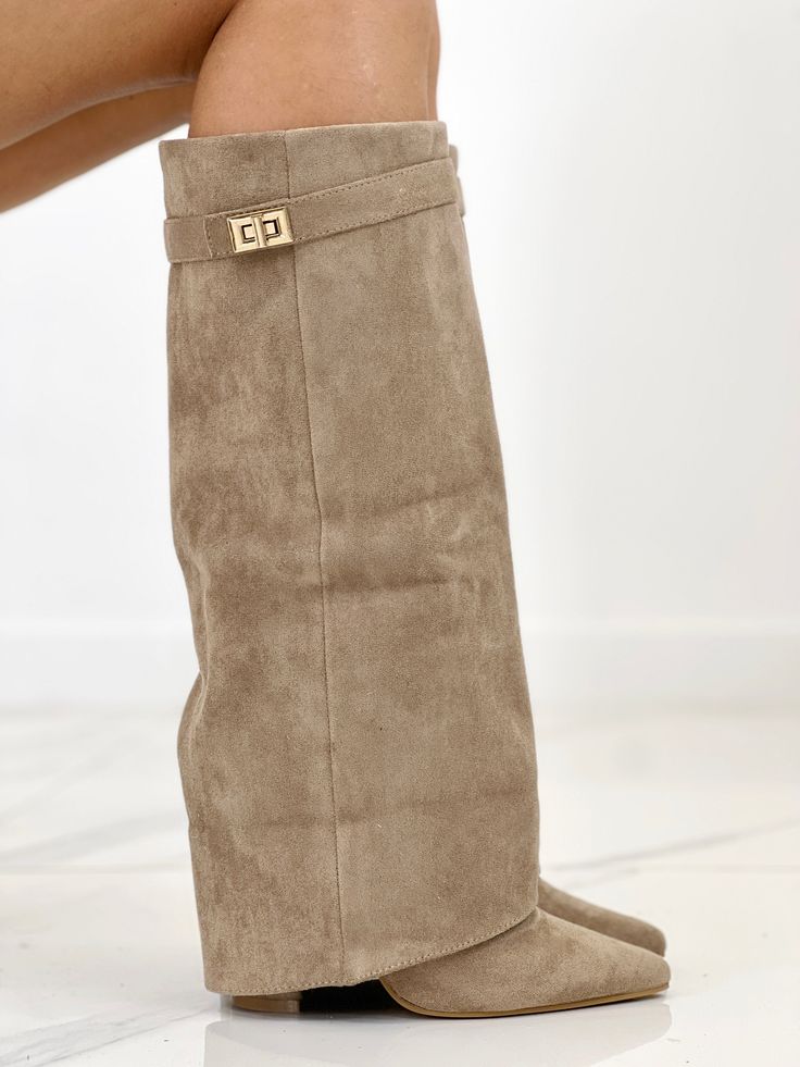 Pointed Toe Fold Over Buckle Block Heel Knee High Boots