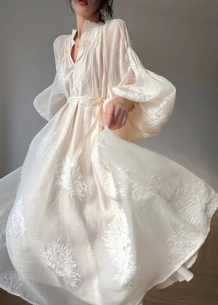Chiffon Embroidered Floral Mandarin Collar Balloon Sleeve Maxi Dress
