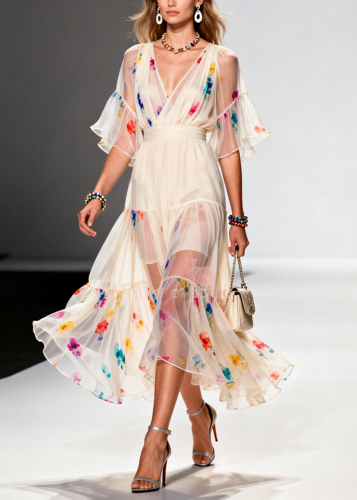 Floral Print V-Neck Wrap Bodice Flutter Sleeve Tiered Chiffon Midi Dress