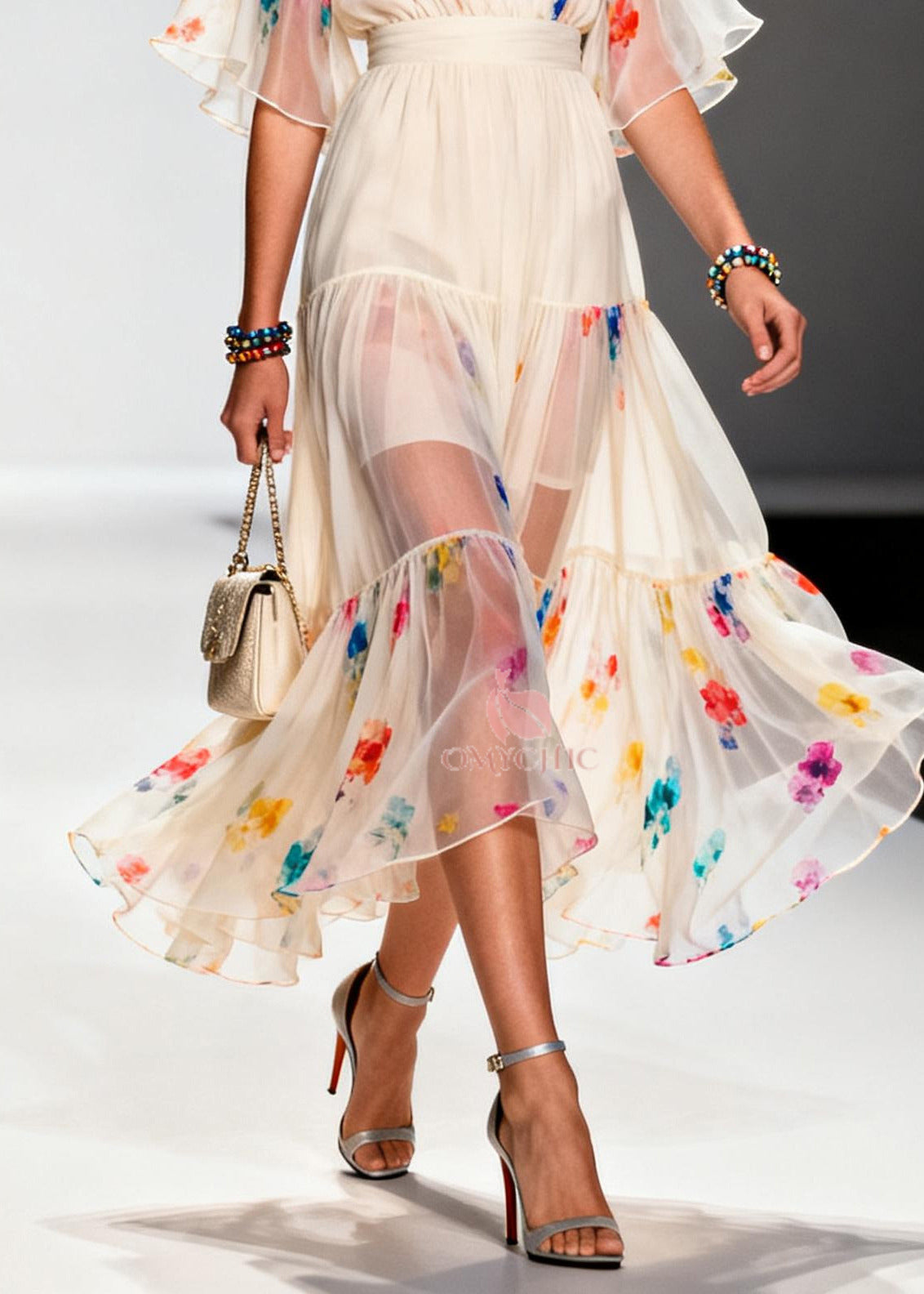 Floral Print V-Neck Wrap Bodice Flutter Sleeve Tiered Chiffon Midi Dress