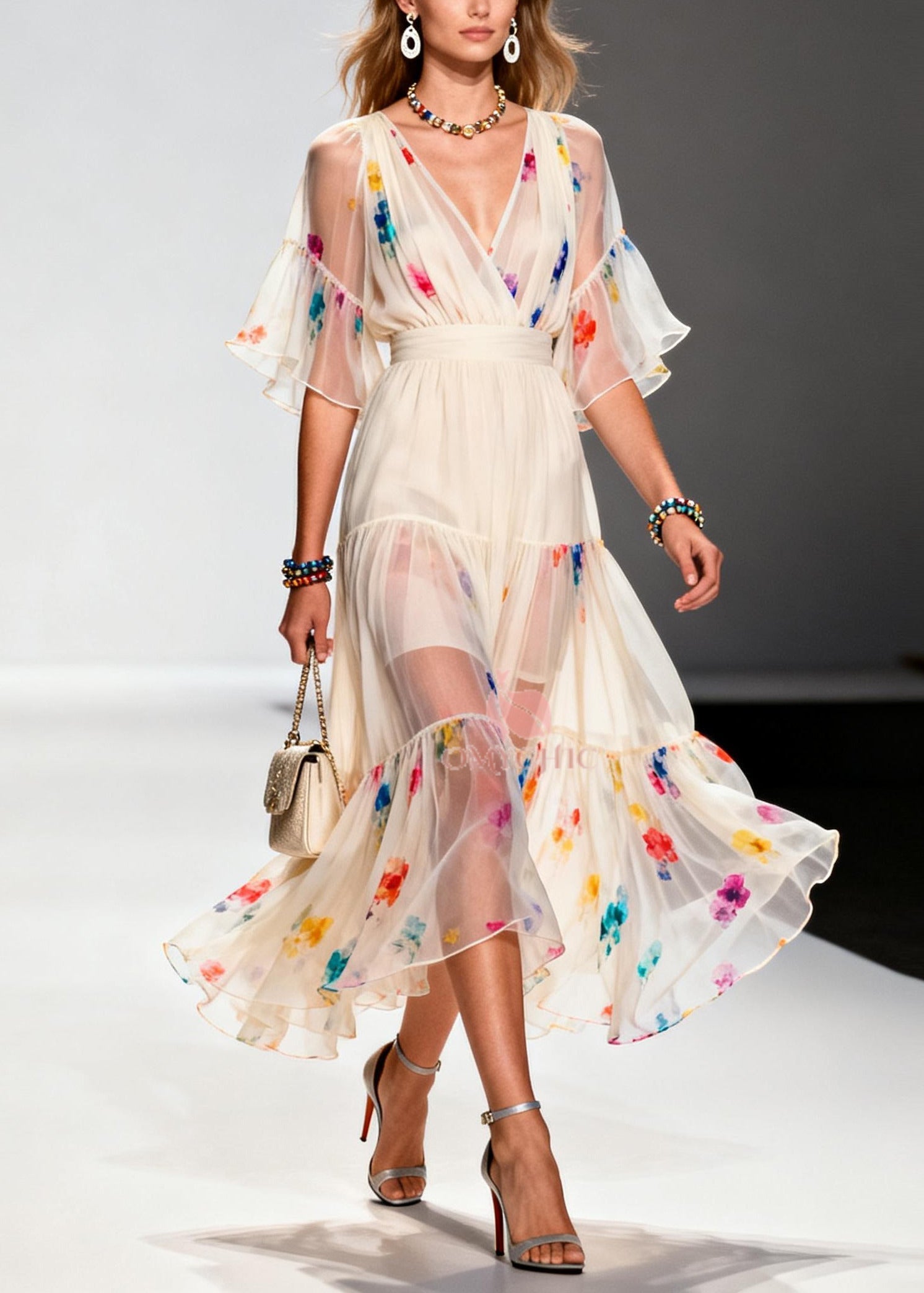 Floral Print V-Neck Wrap Bodice Flutter Sleeve Tiered Chiffon Midi Dress