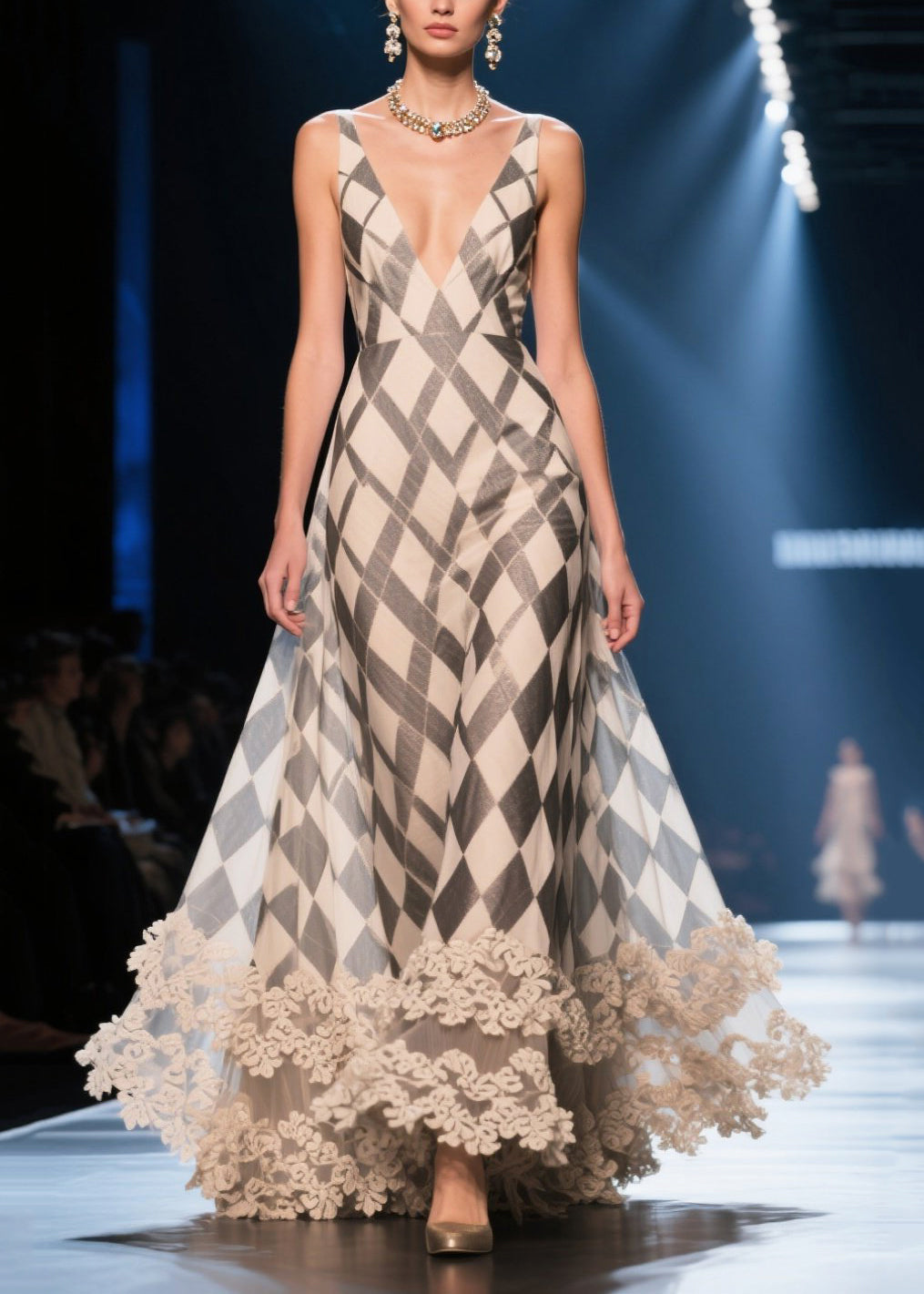 Argyle Print Deep V-Neck Spaghetti Strap Scalloped Lace Hem Maxi Gown