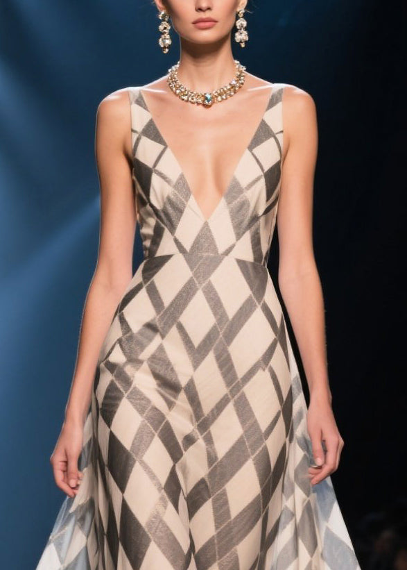 Argyle Print Deep V-Neck Spaghetti Strap Scalloped Lace Hem Maxi Gown