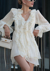 Boutique Apricot V Neck Ruffled Lace Up Chiffon Mini Dress Spring 2