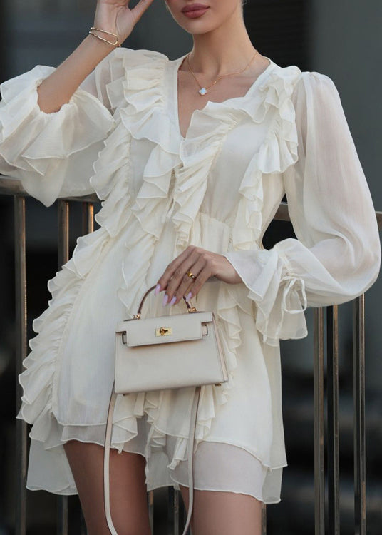 Boutique Apricot V Neck Ruffled Lace Up Chiffon Mini Dress Spring - View 3