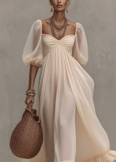 Boutique Beige Ruffled Puff Sleeve Patchwork Chiffon Dresses 2