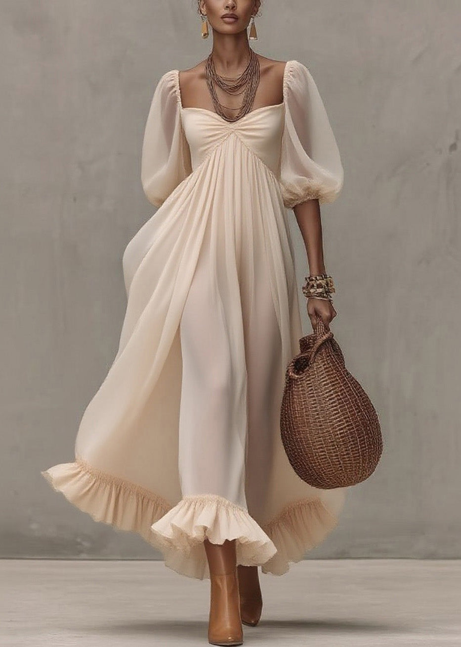 Boutique Beige Ruffled Puff Sleeve Patchwork Chiffon Dresses 3