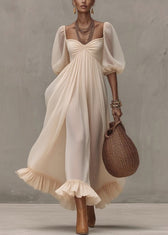 Boutique Beige Ruffled Puff Sleeve Patchwork Chiffon Dresses 3