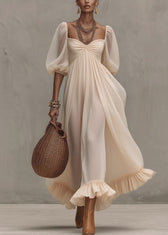 Boutique Beige Ruffled Puff Sleeve Patchwork Chiffon Dresses 5