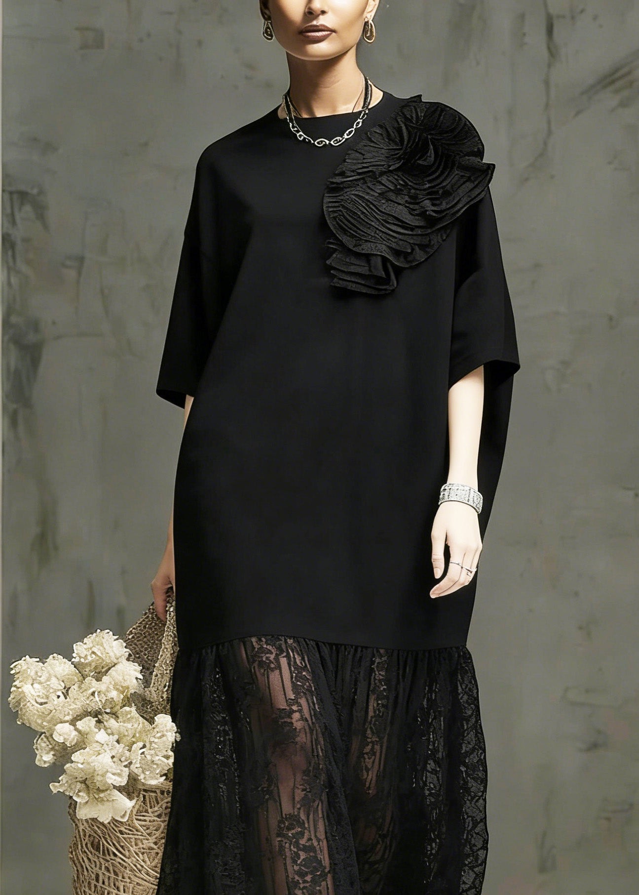 Floral Applique Round Neck Lace Panel 3/4 Sleeve Midi Dress