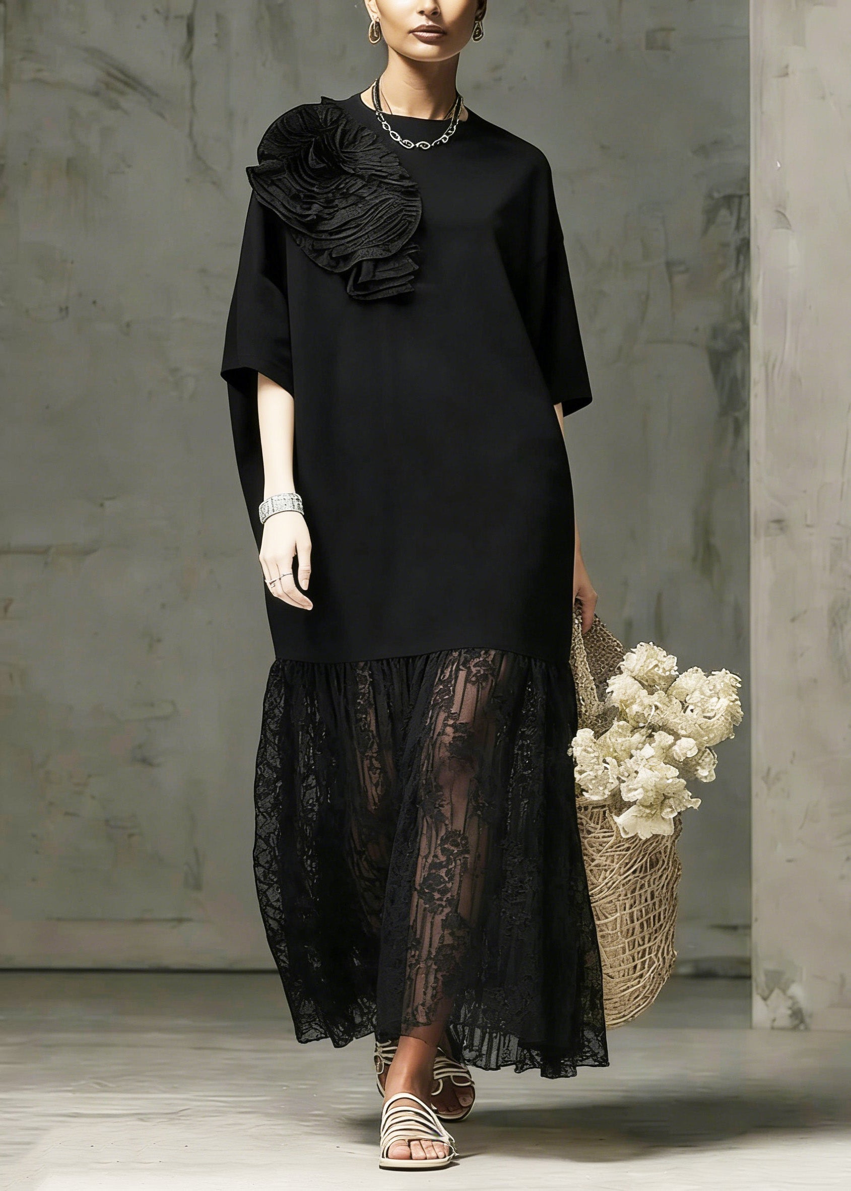 Floral Applique Round Neck Lace Panel 3/4 Sleeve Midi Dress