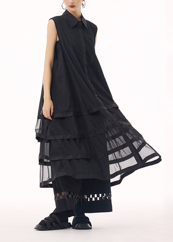 Button Down Sleeveless Tiered Mesh Oversized Top Lattice Hem Wide Leg Pants Two Piece Set