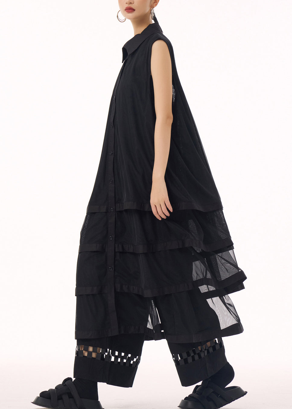 Button Down Sleeveless Tiered Mesh Oversized Top Lattice Hem Wide Leg Pants Two Piece Set