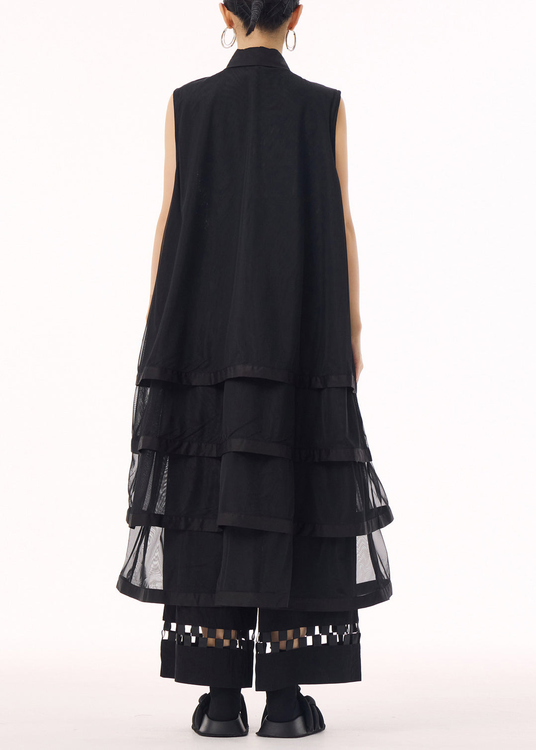 Button Down Sleeveless Tiered Mesh Oversized Top Lattice Hem Wide Leg Pants Two Piece Set