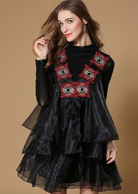 Organza Ruffle Overlay Mock Neck Long Sleeve Embroidered Tiered Mini Dress