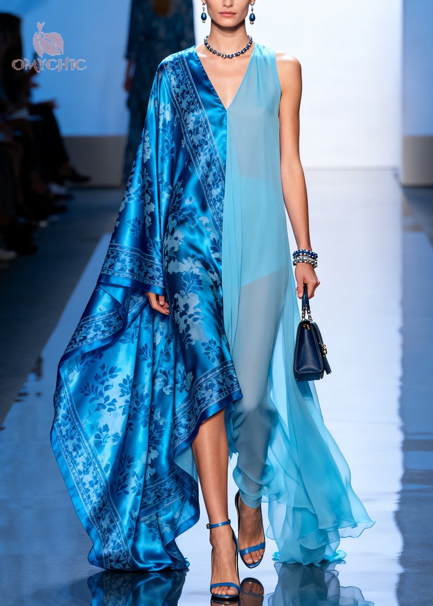 Asymmetric Deep V-Neck Floral Damask Cape Sleeve Sheer Panel Maxi Gown