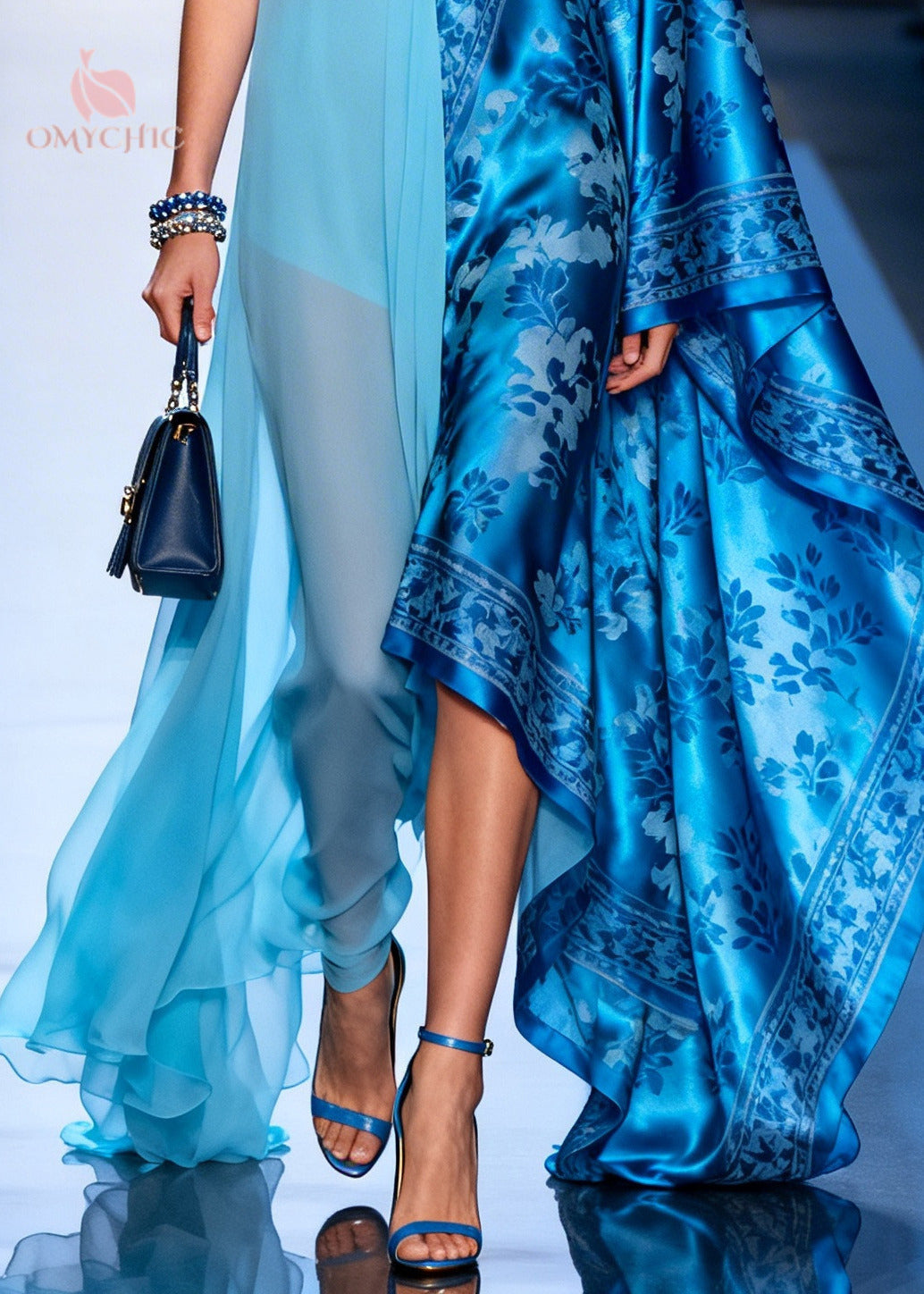 Asymmetric Deep V-Neck Floral Damask Cape Sleeve Sheer Panel Maxi Gown