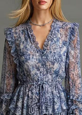 Boutique Blue Ruffled Print Chiffon Cinched Dresses Spring 2