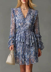 Boutique Blue Ruffled Print Chiffon Cinched Dresses Spring 3