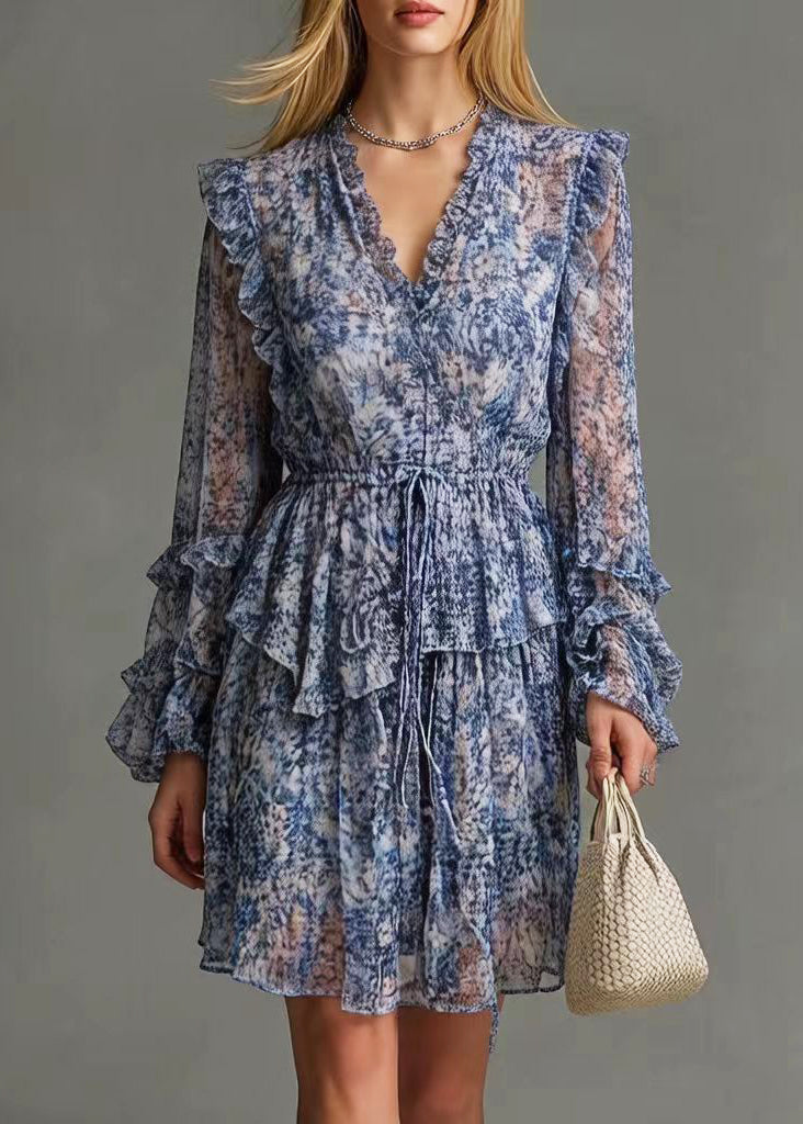Boutique Blue Ruffled Print Chiffon Cinched Dresses Spring 5