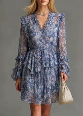 Boutique Blue Ruffled Print Chiffon Cinched Dresses Spring 5