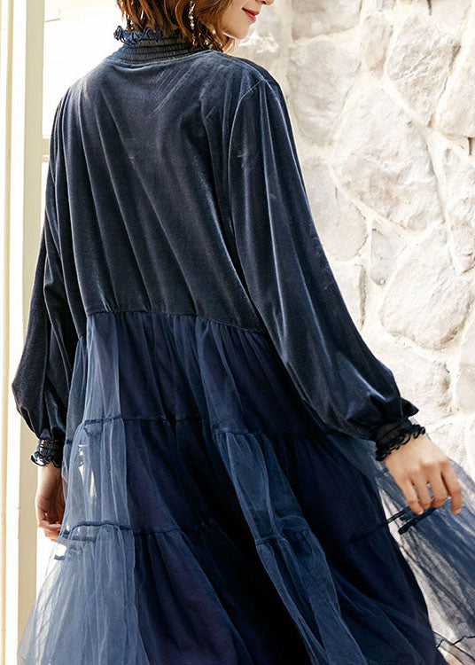 Boutique Blue Ruffled Tulle Patchwork Silk Velour Dress Spring - View 4