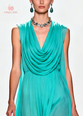 Boutique Blue Turtle Neck Patchwork Flower Lace Chiffon Maxi Dress Summer 2