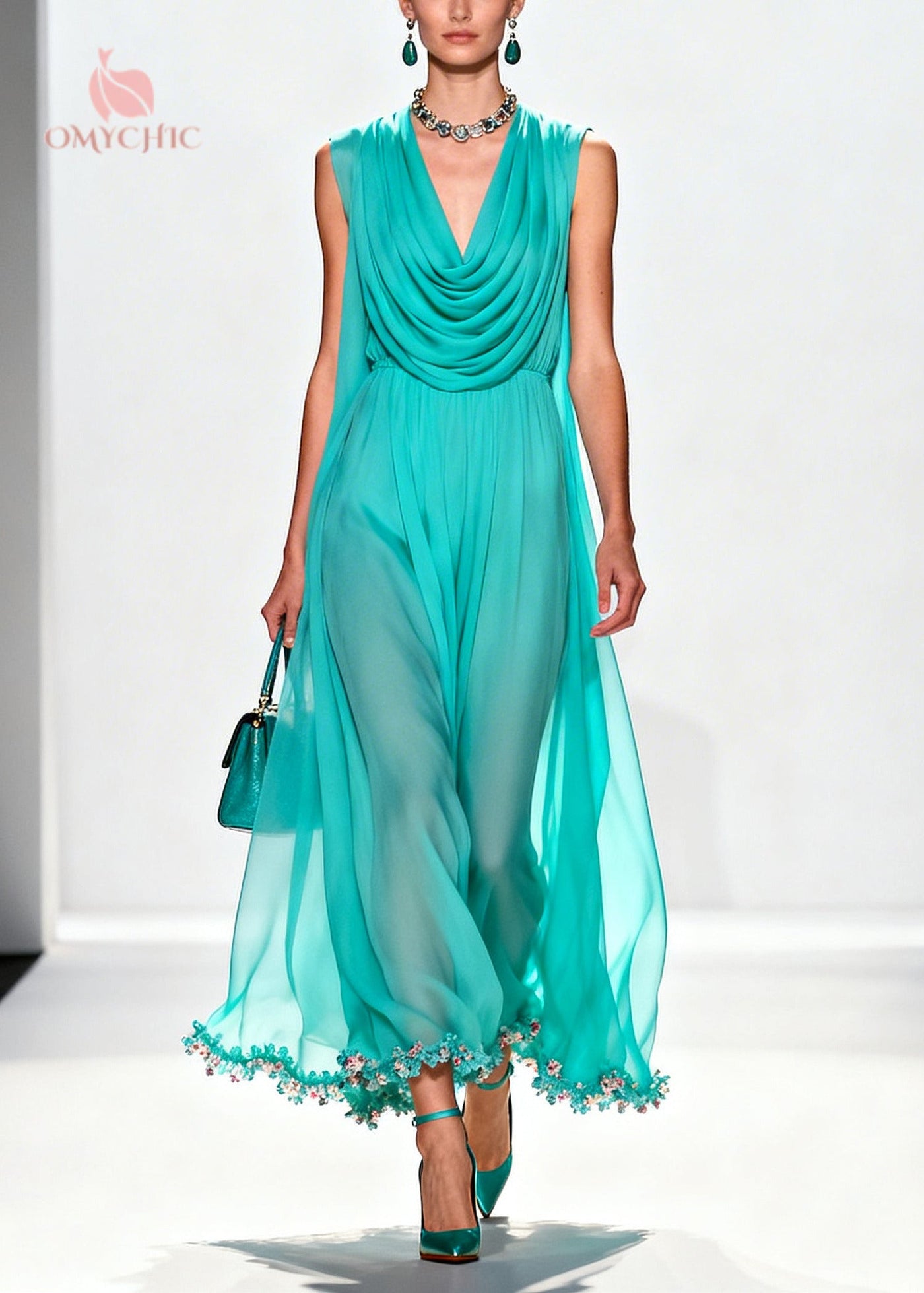 Boutique Blue Turtle Neck Patchwork Flower Lace Chiffon Maxi Dress Summer 3