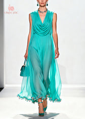 Boutique Blue Turtle Neck Patchwork Flower Lace Chiffon Maxi Dress Summer 3
