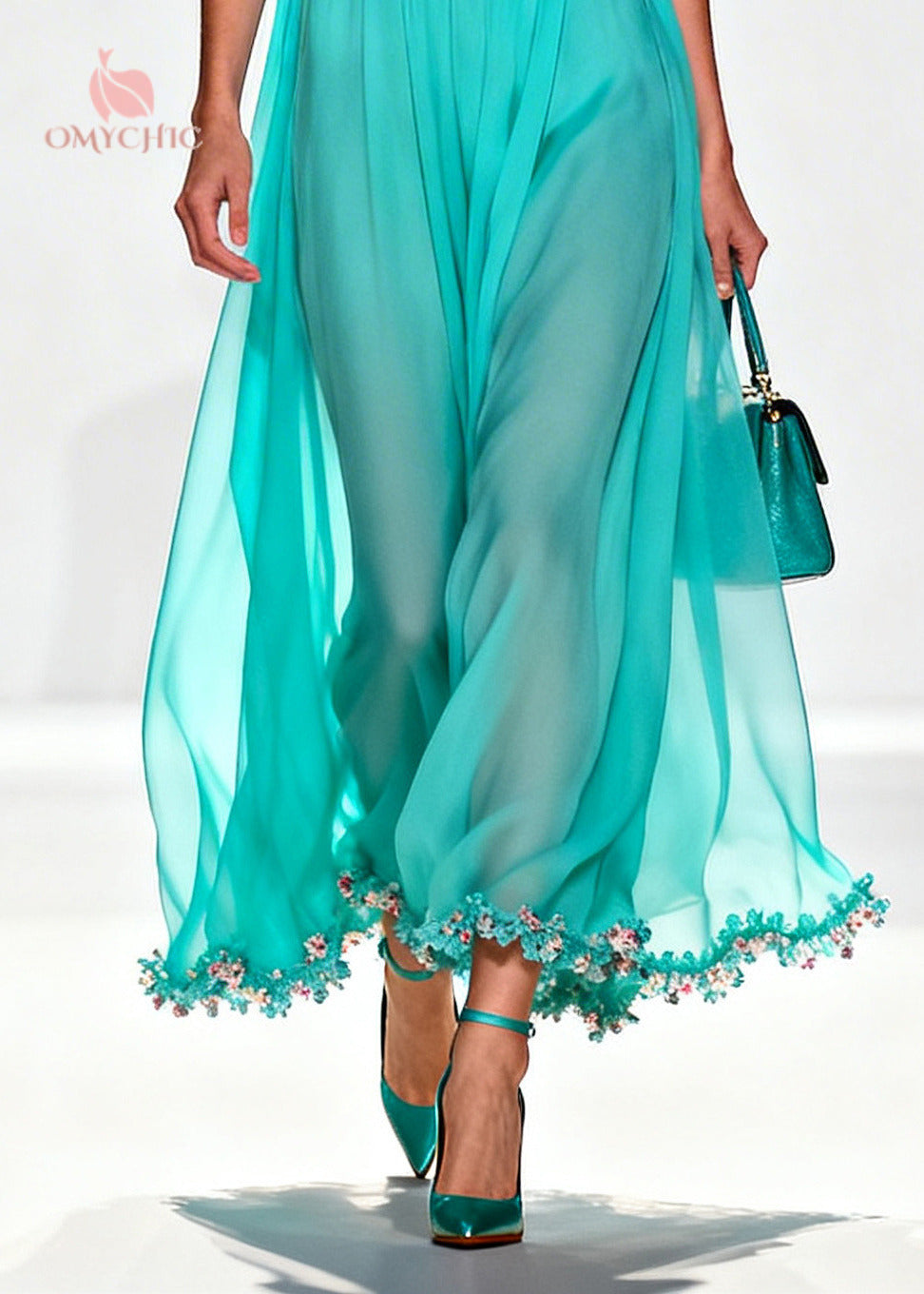 Boutique Blue Turtle Neck Patchwork Flower Lace Chiffon Maxi Dress Summer 4