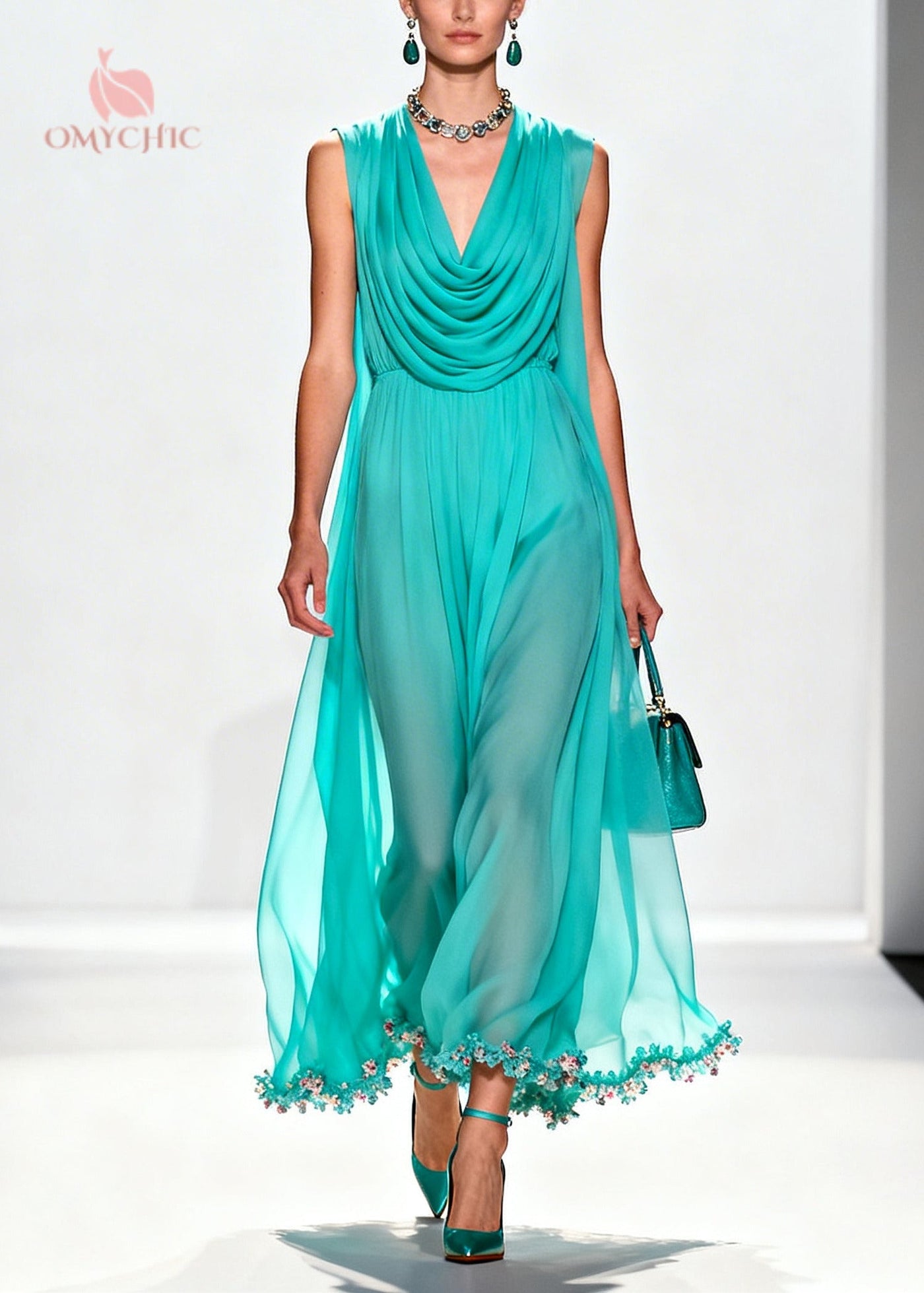 Boutique Blue Turtle Neck Patchwork Flower Lace Chiffon Maxi Dress Summer 5