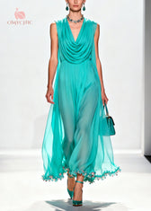 Boutique Blue Turtle Neck Patchwork Flower Lace Chiffon Maxi Dress Summer 5