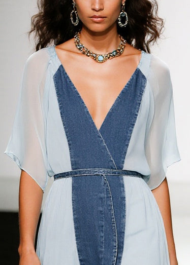Denim Chiffon Patchwork V-Neck Flutter Sleeve Wrap High Low Tea Dress