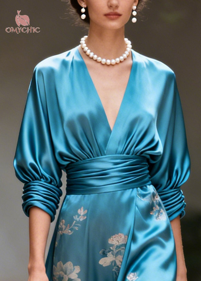 Satin Floral Deep V-Neck Batwing Sleeve Wrap Maxi Dress