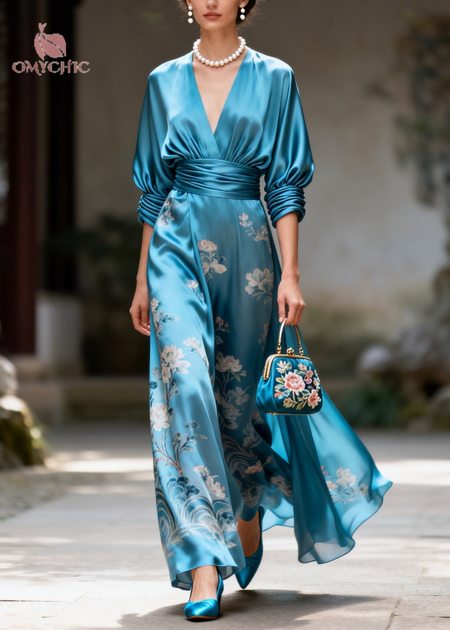 Satin Floral Deep V-Neck Batwing Sleeve Wrap Maxi Dress