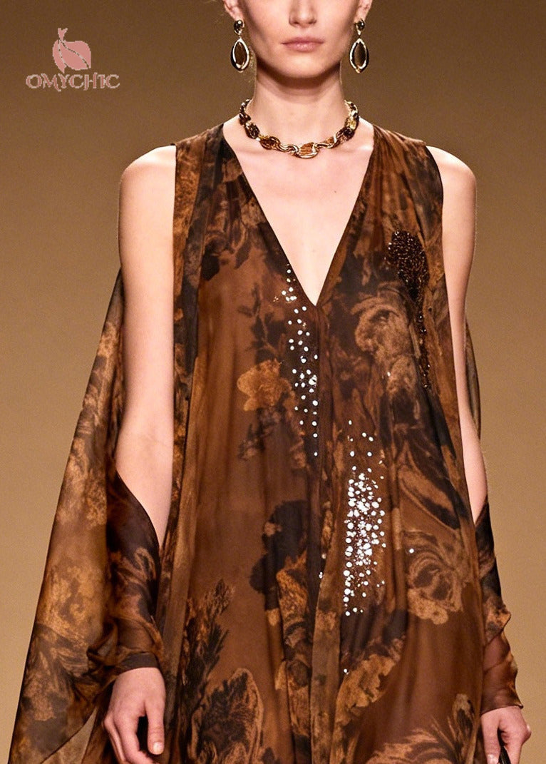 Sequin Floral Print Deep V-Neck Sheer Cape Panel Maxi Gown