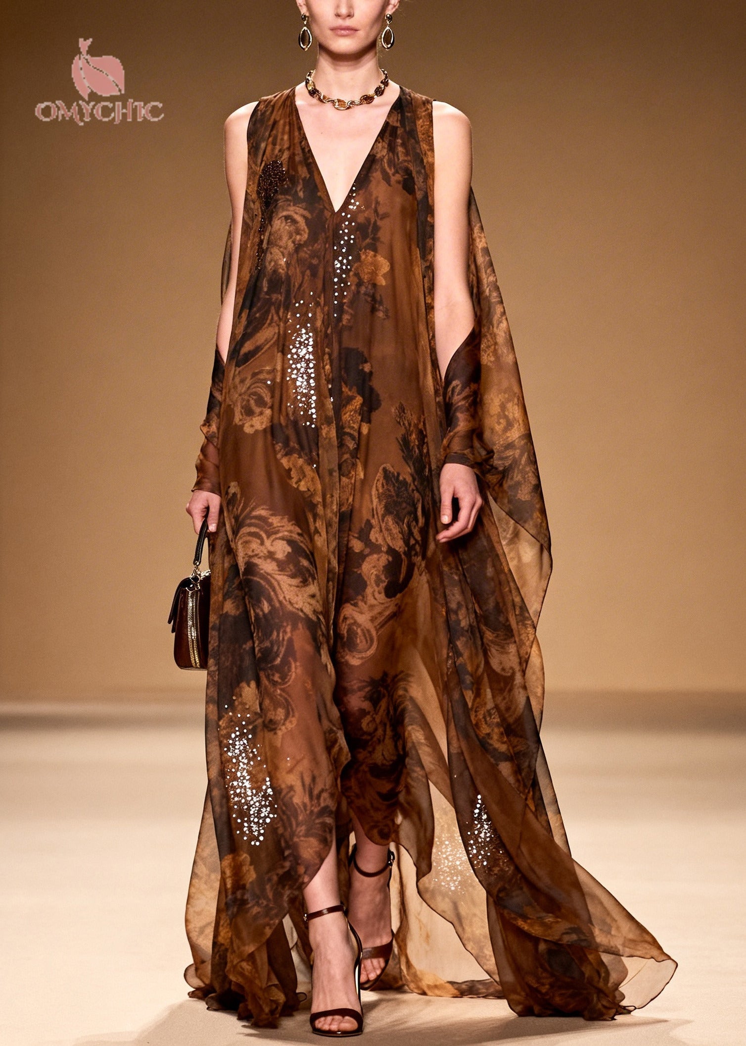 Sequin Floral Print Deep V-Neck Sheer Cape Panel Maxi Gown