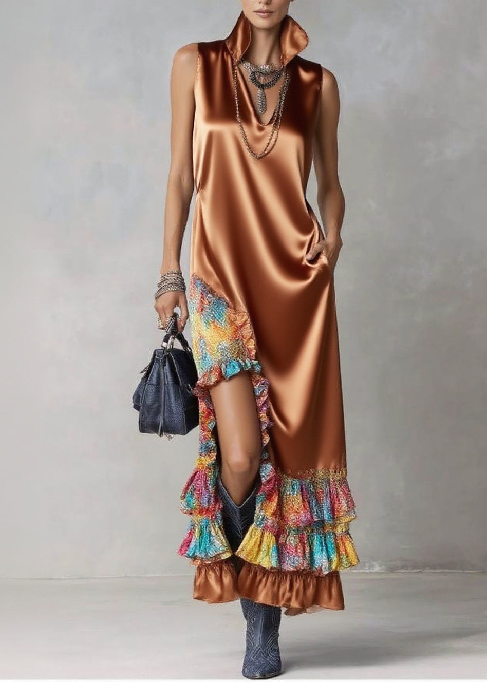 Satin High Collar Deep V-Neck Sleeveless Ruffle Slit Maxi Dress