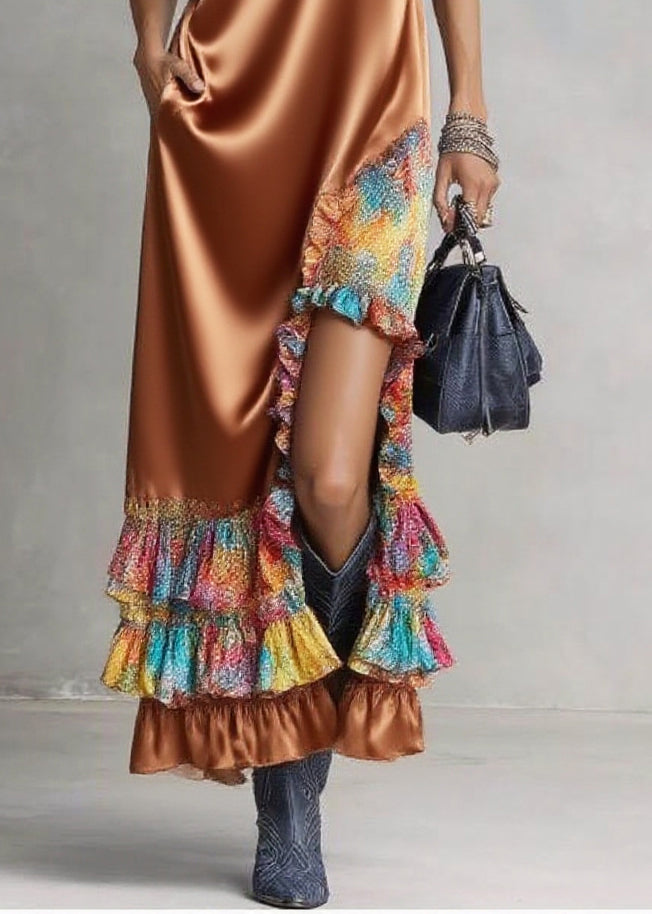 Satin High Collar Deep V-Neck Sleeveless Ruffle Slit Maxi Dress
