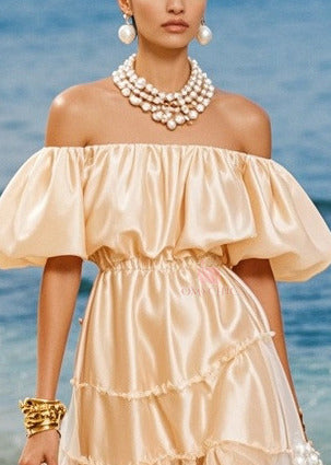 Off Shoulder Puff Sleeve Tiered Ruffle Sheer Panel Satin Midi Dress