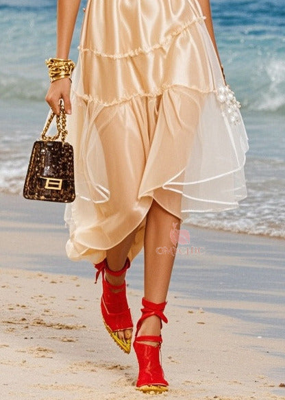 Off Shoulder Puff Sleeve Tiered Ruffle Sheer Panel Satin Midi Dress